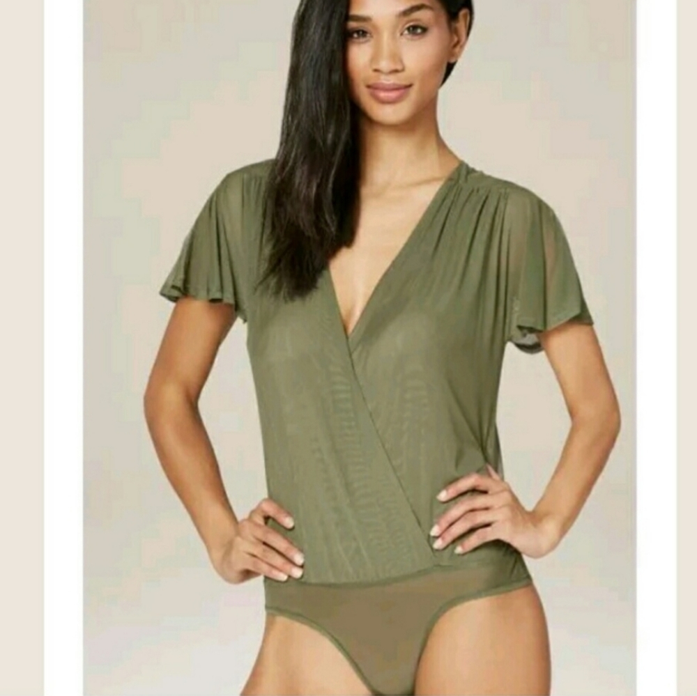 NWT BEBE Drapy Deep Wrap Sheer Olive Thong Bodysuit Size XS